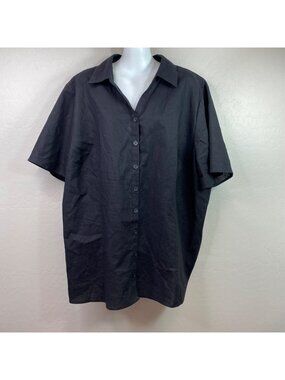 Maggie Barnes Womens Button-Up Shirt Black Short Sleeve Linen Blend Size 2XL